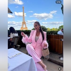 ZARA 2 PIECES MATCHING SET FEATHER CUFF BLAZER AND FLOWY STRAIGHT LEG PANTS